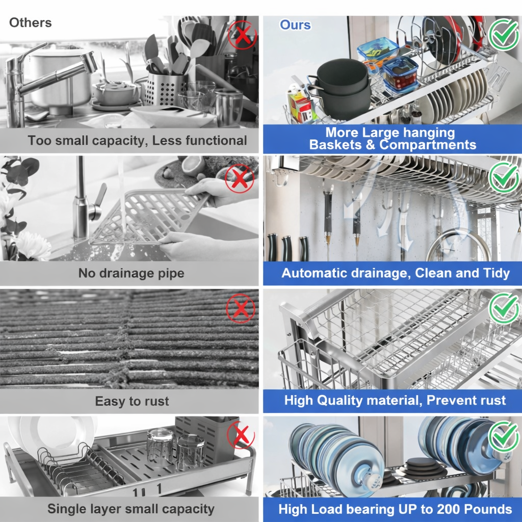 3-Tier Over Sink Dish Drying Rack – Adjustable Stainless Steel Kitchen Organizer with Large Capacity, Auto Drainage & Multi-Function Holders ★★★★★ 4.9