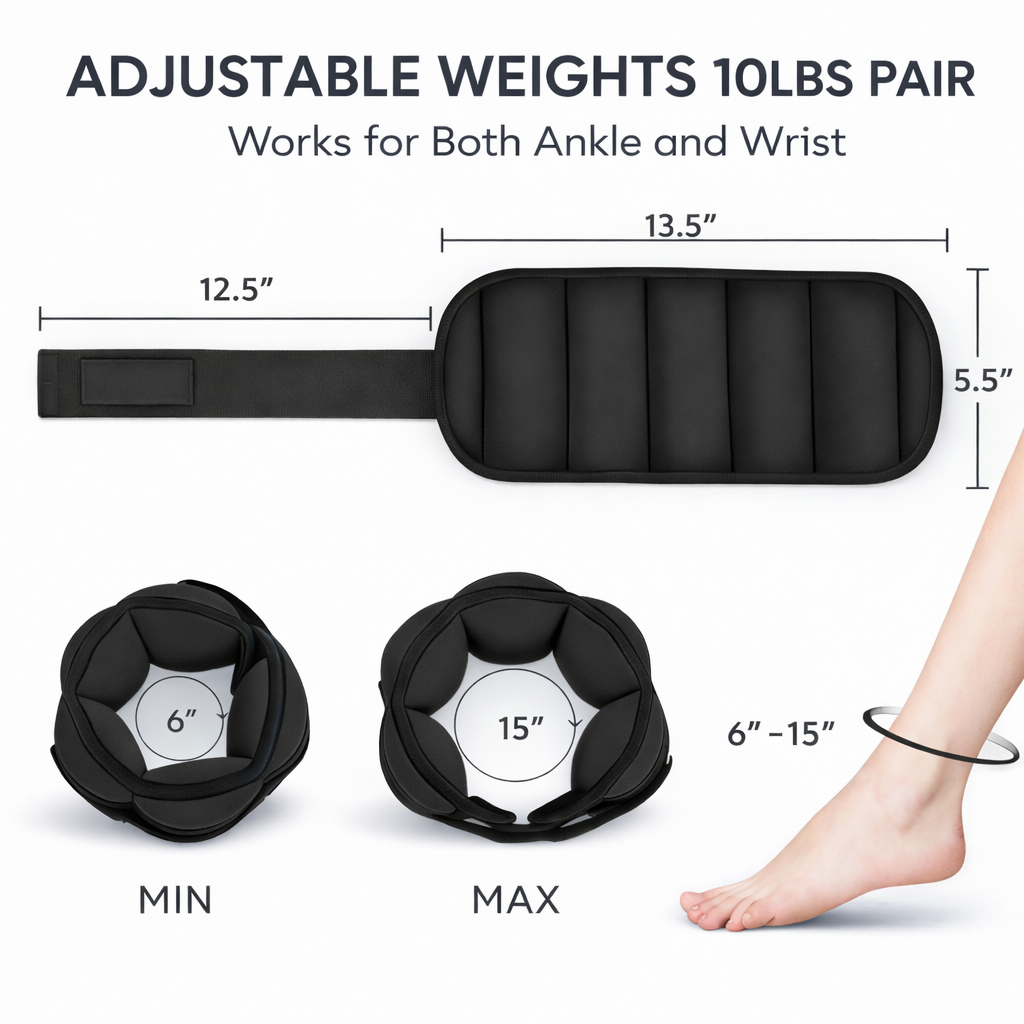 Adjustable Ankle Weights Set Pair (10 lbs) – Comfortable Strap, Home Workout & Strength Training Gear | 4.2 ★★★★☆