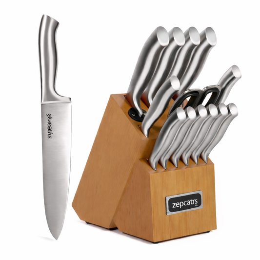 Premium 15-Piece  Stainless Steel Knife Set with Wooden Block & Built-in Sharpener, Chef Kitchen Knife Block Set with Steak Knives and Scissors – 4.9 ★★★★★