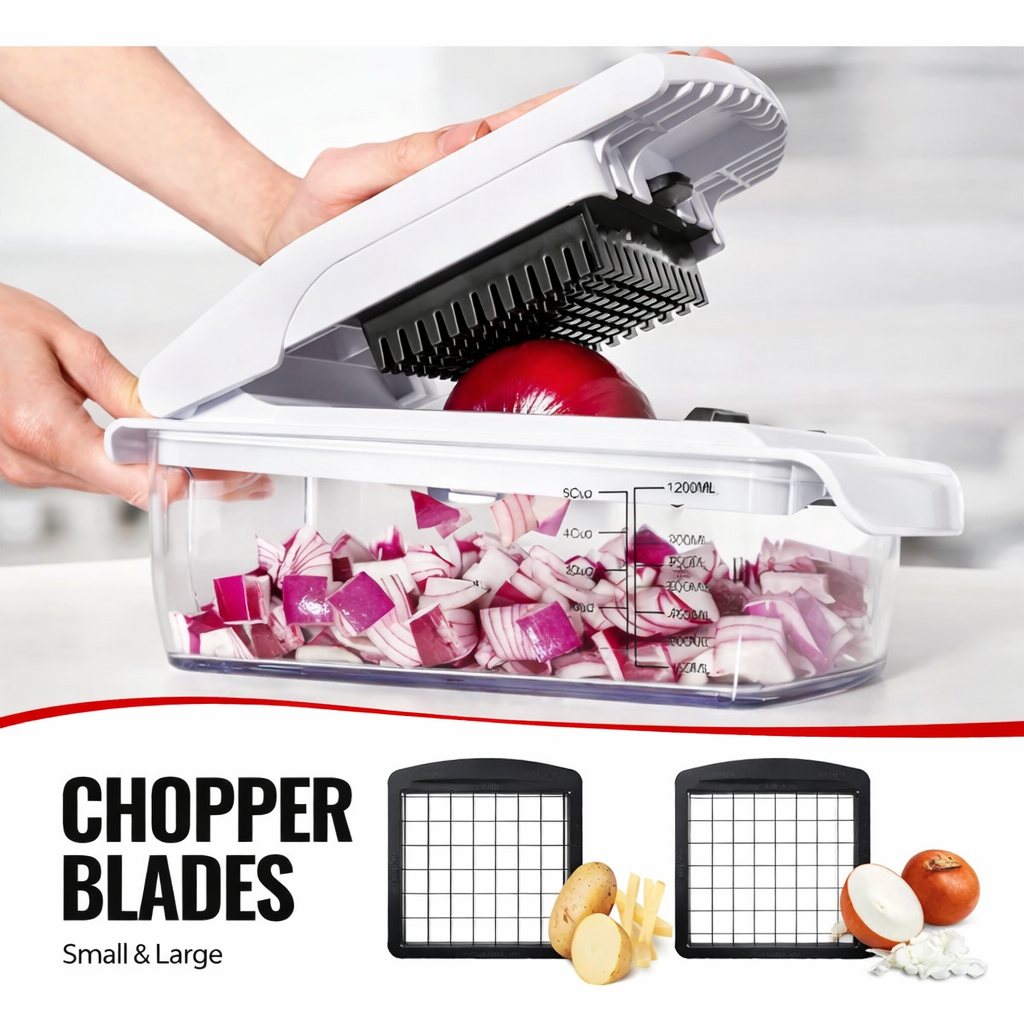 All-in-One 12 Blade Vegetable Chopper & Mandoline Slicer with Container, Spiralizer, Dicer, Grater & Egg Slicer – Multifunction Kitchen Cutter ★★★★★ 4.8