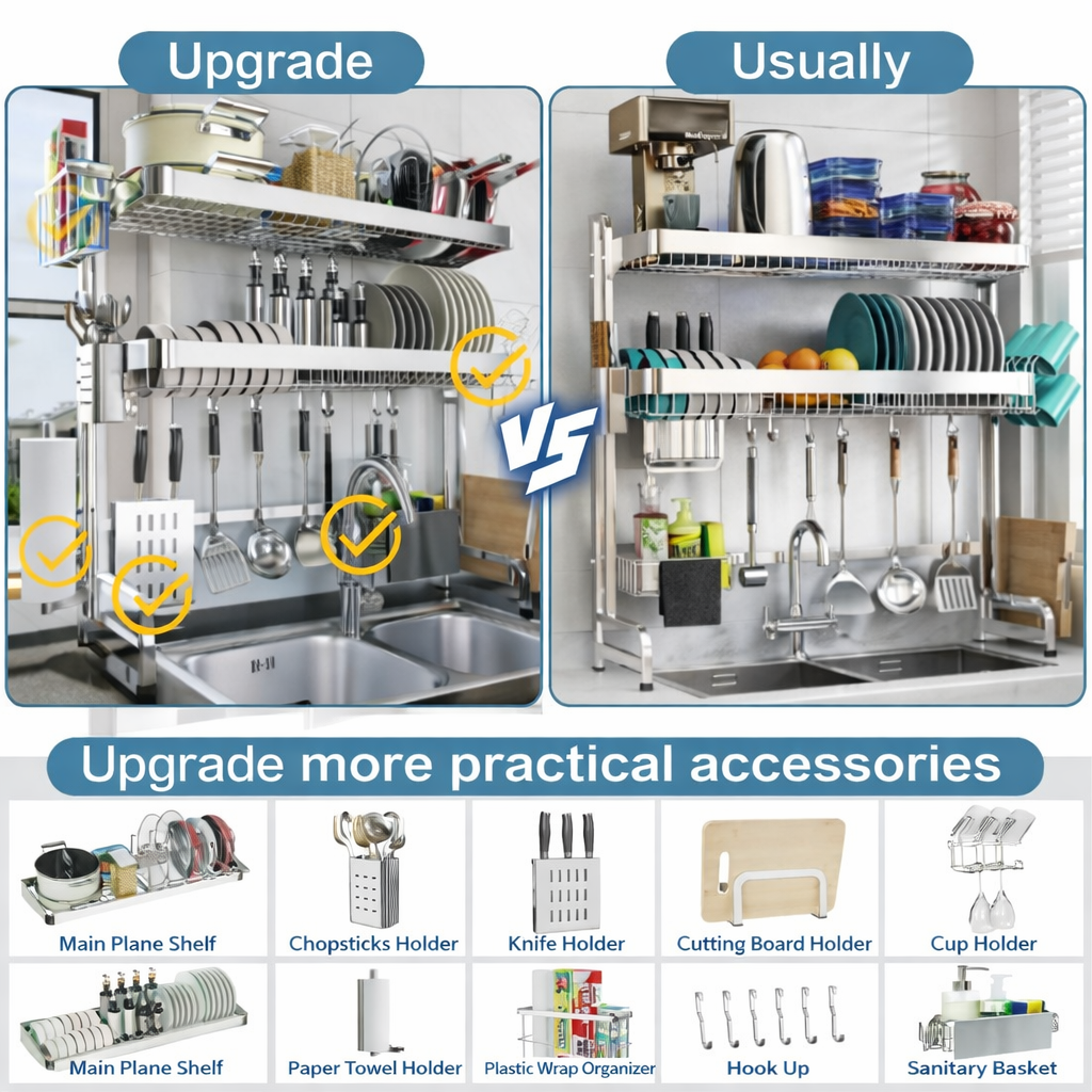 3-Tier Over Sink Dish Drying Rack – Adjustable Stainless Steel Kitchen Organizer with Large Capacity, Auto Drainage & Multi-Function Holders ★★★★★ 4.9