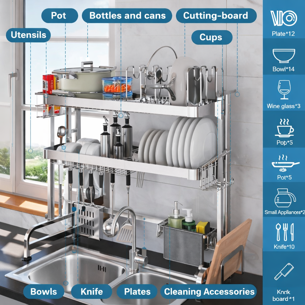 3-Tier Over Sink Dish Drying Rack – Adjustable Stainless Steel Kitchen Organizer with Large Capacity, Auto Drainage & Multi-Function Holders ★★★★★ 4.9