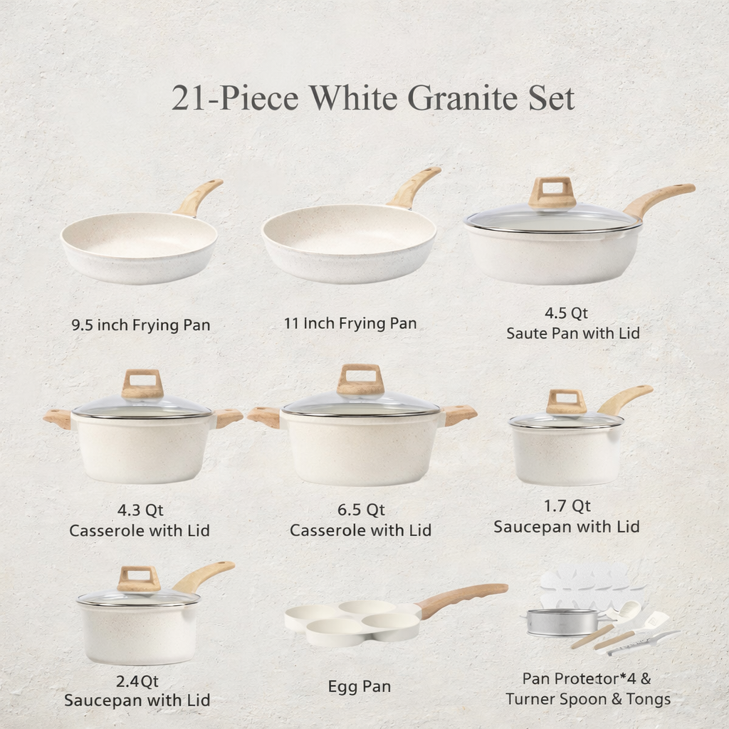 White Granite Nonstick Cookware Set (21-Piece) – Ultra Nonstick, PFOA Free, Durable & Easy Clean Kitchen Set ★★★★☆ 4.8 Rating