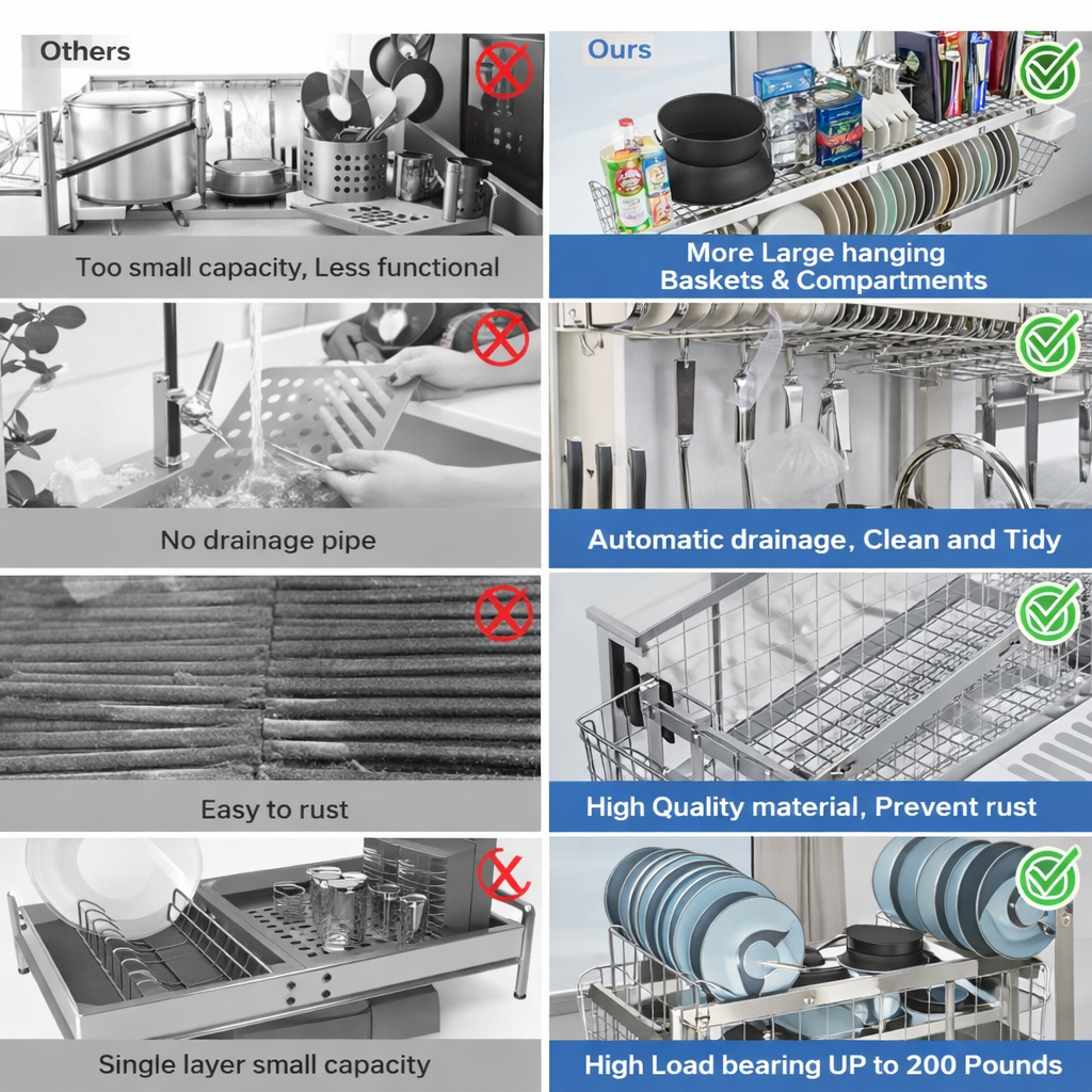 3-Tier Over Sink Dish Drying Rack – Adjustable Stainless Steel Kitchen Organizer with Large Capacity, Auto Drainage & Multi-Function Holders ★★★★★ 4.9