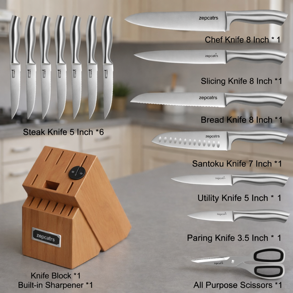 Premium 15-Piece  Stainless Steel Knife Set with Wooden Block & Built-in Sharpener, Chef Kitchen Knife Block Set with Steak Knives and Scissors – 4.9 ★★★★★