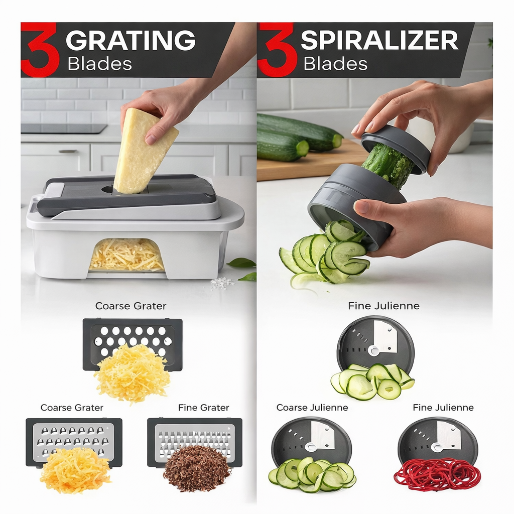 All-in-One 12 Blade Vegetable Chopper & Mandoline Slicer with Container, Spiralizer, Dicer, Grater & Egg Slicer – Multifunction Kitchen Cutter ★★★★★ 4.8