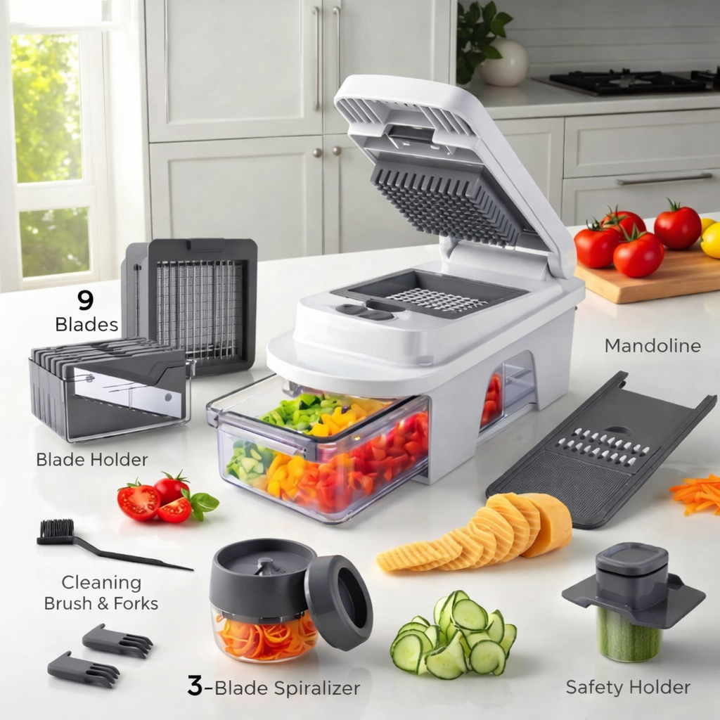 All-in-One 12 Blade Vegetable Chopper & Mandoline Slicer with Container, Spiralizer, Dicer, Grater & Egg Slicer – Multifunction Kitchen Cutter ★★★★★ 4.8
