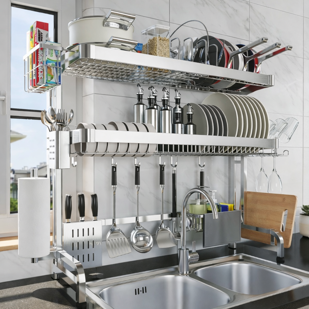 3-Tier Over Sink Dish Drying Rack – Adjustable Stainless Steel Kitchen Organizer with Large Capacity, Auto Drainage & Multi-Function Holders ★★★★★ 4.9