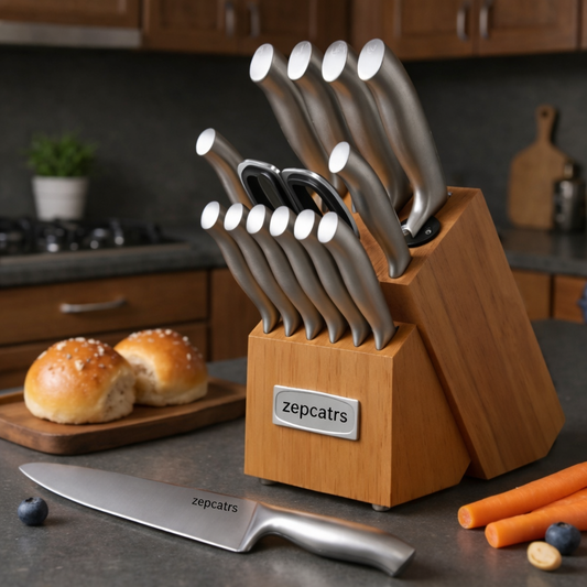 Premium 15-Piece  Stainless Steel Knife Set with Wooden Block & Built-in Sharpener, Chef Kitchen Knife Block Set with Steak Knives and Scissors – 4.9 ★★★★★
