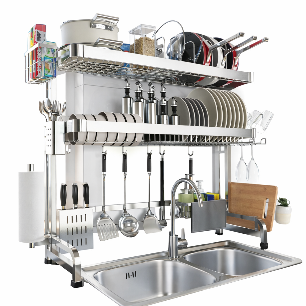 3-Tier Over Sink Dish Drying Rack – Adjustable Stainless Steel Kitchen Organizer with Large Capacity, Auto Drainage & Multi-Function Holders ★★★★★ 4.9