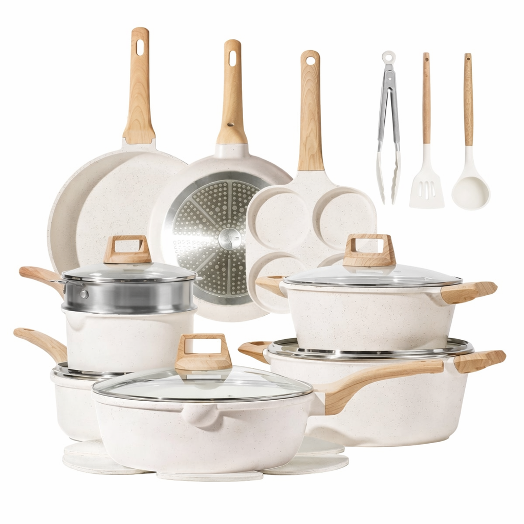 White Granite Nonstick Cookware Set (21-Piece) – Ultra Nonstick, PFOA Free, Durable & Easy Clean Kitchen Set ★★★★☆ 4.8 Rating