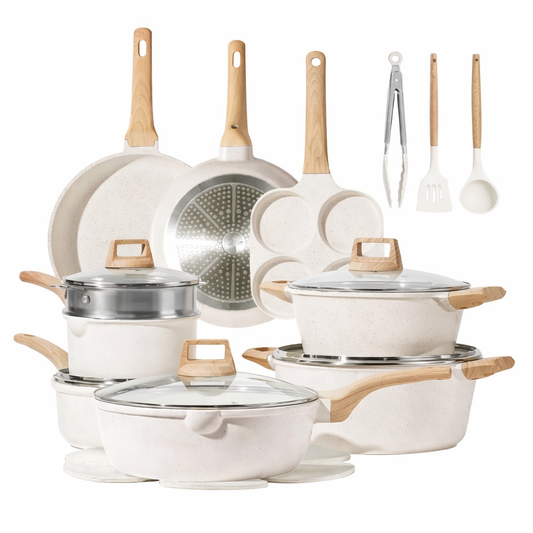 White Granite Nonstick Cookware Set (21-Piece) – Ultra Nonstick, PFOA Free, Durable & Easy Clean Kitchen Set ★★★★☆ 4.8 Rating