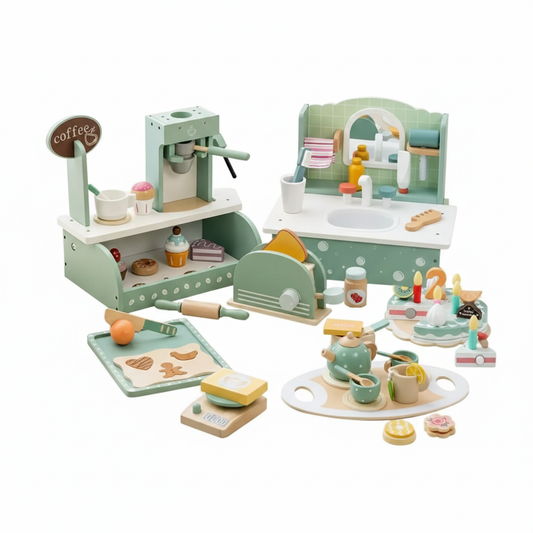Wooden Pretend Play Kitchen Toy Set for Kids – Montessori Role Play Cooking & Coffee Maker Playset ★★★☆ (3.4